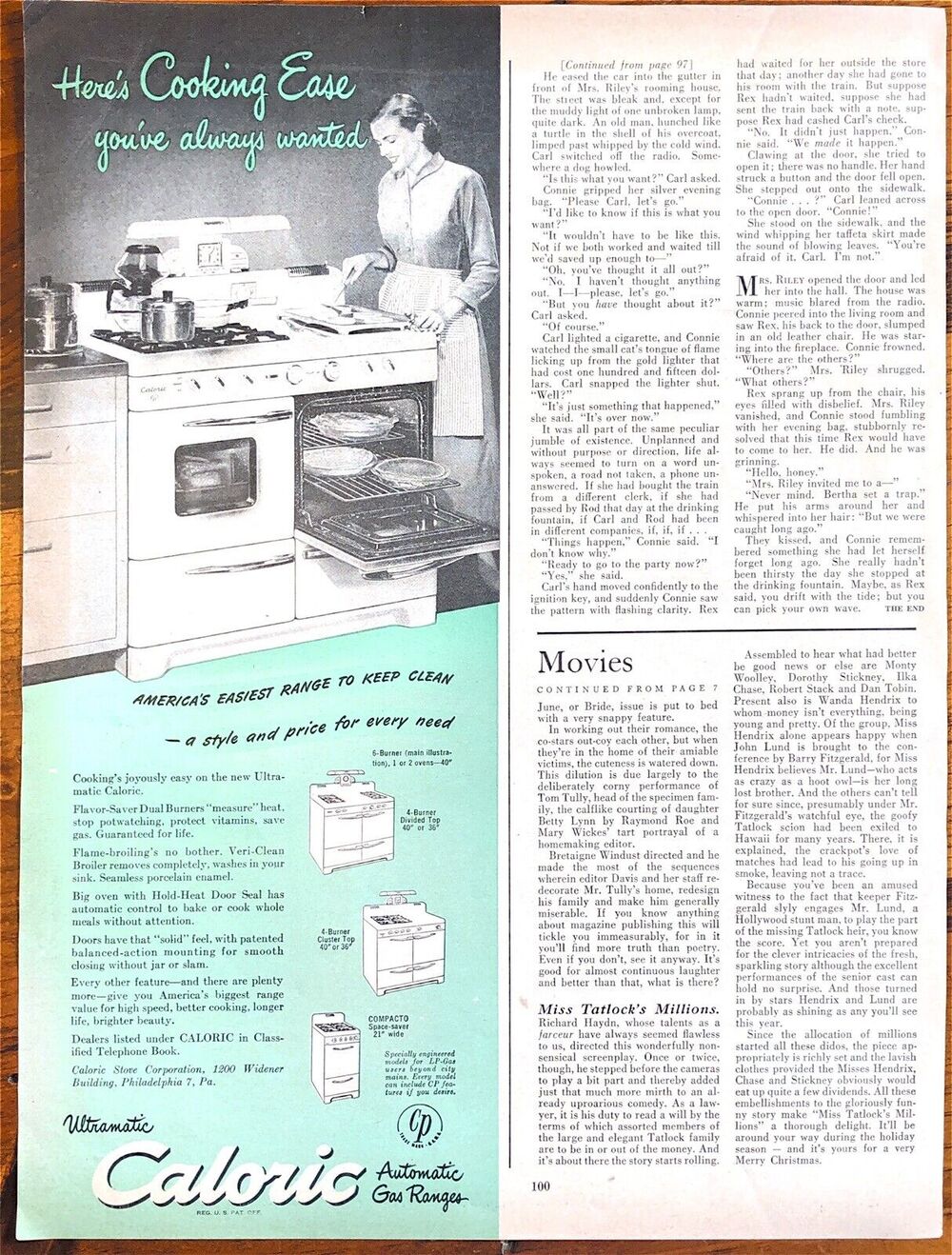 Vtg Aqua Caloric Gas Range Stove Print Ad Advertisement 1940s Kitchen